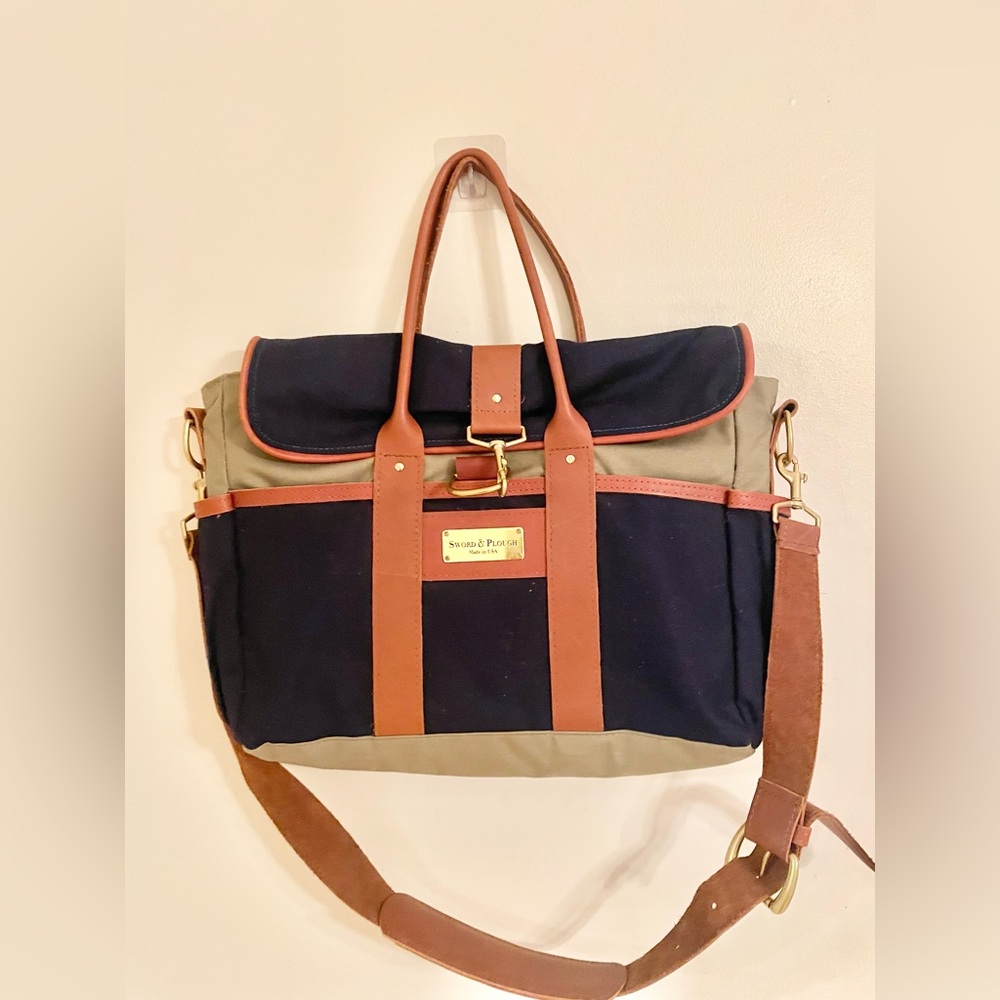 NWOT- Sword And Plough Leather Blue Canvas Messenger Bag Laptop Briefcase USA